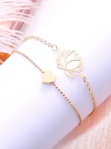 OOMPH Set of 2 Gold-Plated Lotus & Heart Shaped Charm Alloy Anklets