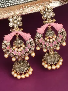 OOMPH Gold Plated Meenakari Peacock Shaped Kundan Studded Jhumkas Earrings
