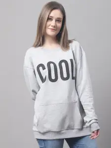 DOOR74 Women Typography Printed Cotton Pullover Sweatshirt