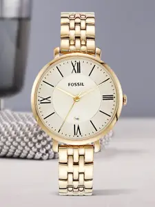 Fossil Women Cream-Coloured Dial & Gold-Toned Bracelet Style Analogue Watch ES3434
