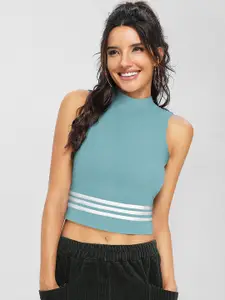 Hinayat Fashion Fitted Striped High Neck Crop Top