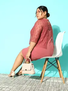 CURVE BY KASSUALLY Plus Size Pink Bodycon Dress With Lace Inserts Detail