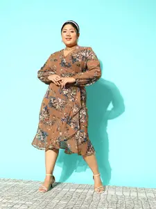 CURVE BY KASSUALLY Plus Size Brown & Multicoloured Floral Georgette Midi Wrap Dress