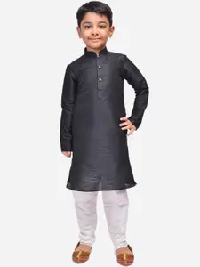 NAMASKAR Boys Black Dupion Silk Mandarin Collar Kurta with Churidar