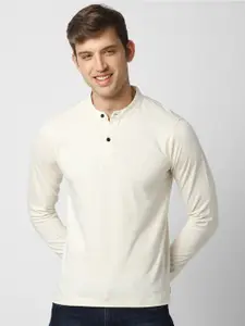 VASTRADO Men Mandarin Collar Long Sleeve Cotton T-shirt