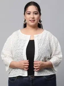 UnaOne Women Plus Size Embroidered Self Design Cotton Shrug
