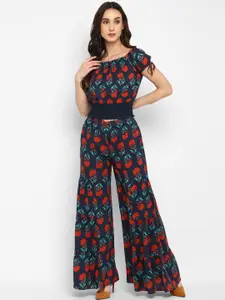 Taurus Women Floral Printed Off-Shoulder Top With Tiered Trousers Co-Ords