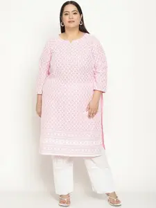 KALINI Women Plus Size Ethnic Motifs Embroidered Chikankari Cotton Kurta