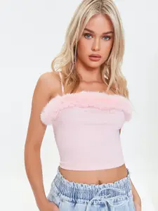 FOREVER 21 Solid Fitted Crop Top With Faux Fur