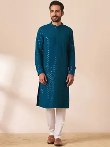Manyavar Men Geometric Embroidered Mandarin Collar Sequined Kurta with Pyjamas