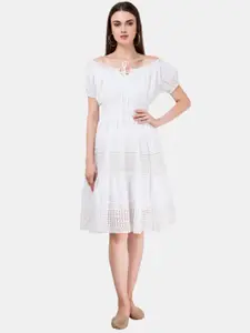 SAAKAA Off-Shoulder Self Design Pure Cotton Fit And Flare Dress