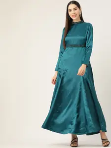 Antheaa Embellished Smocked Satin Fit & Flare Maxi Dress
