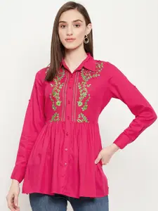 Ruhaans Floral Embroidered Shirt Style Longline Top