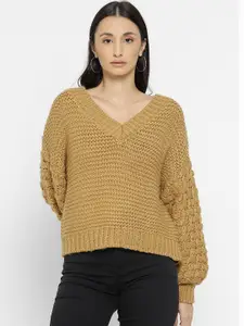 FOREVER 21 Women V Neck Cable Knit Acrylic Pullover