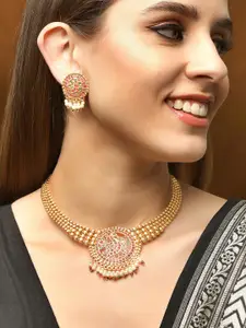 Rubans Women Gold-Plated Stone-Studded & Beaded Necklace and Earrings