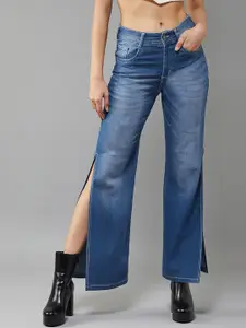 DOLCE CRUDO Women Wide Leg High-Rise Light Fade Stretchable Jeans