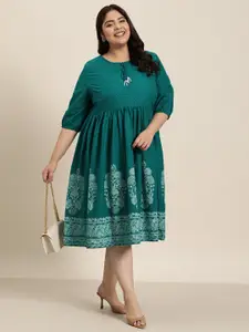 Sztori Women Plus Size Ethnic Motifs Printed Pure Cotton A-Line Dress