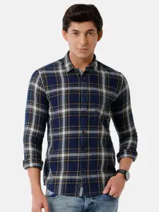 Voi Jeans Men Slim Fit Tartan Checked Twill Weave Casual Pure Cotton Shirt