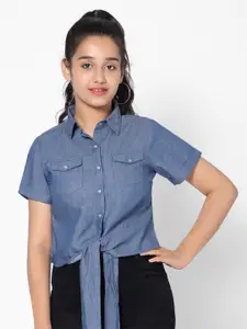 TeenTrums Shirt Style Waist Tie-Up Cotton Crop Top