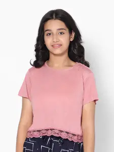 TeenTrums Girls Round Neck Crop Top with Lace Border
