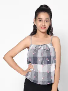 TeenTrums Shoulder Strap Floral Embroidery Checked Cotton Top