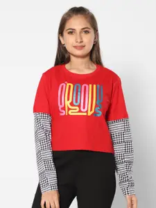 TeenTrums Checked Sleeves Typography Print Cotton Top