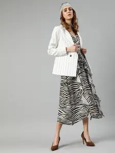 Sera White Animal Printed Ruffles A-Line Midi Dress