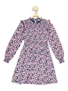 Peter England Girls Floral Printed Cuffed Sleeves Smocked Cotton Dress