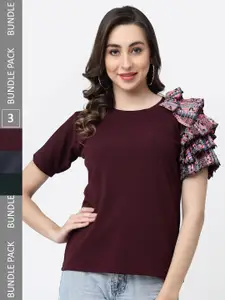MISS AYSE Pack of 3 Ruffled Flared Sleeves Cotton Tops