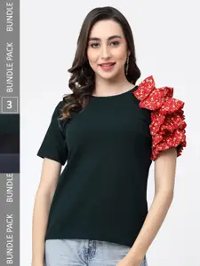 MISS AYSE Pack of 3 One Side Ruffles Sleeve Cotton Tops