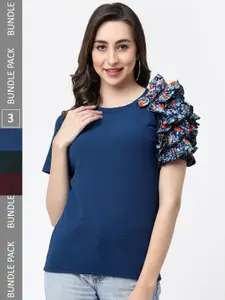 MISS AYSE Pack of 3 Floral Print Ruffles Cotton Top
