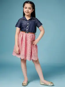 pspeaches Girls Laced Floral Denim Shirt Dress