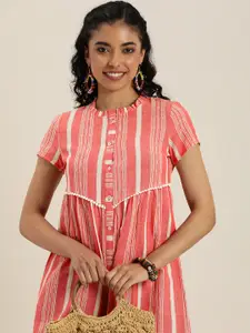 Taavi Embroidered Striped Woven Legacy Cotton Linen A-Line Ethnic Dress