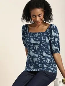 Taavi Conversational Print Square Neck Puff Sleeves Knitted Indigo Pure Cotton Top