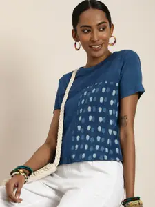 Taavi Women Printed Pure Cotton Indigo T-shirt