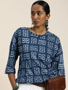 Taavi Women Printed Drop-Shoulder Pure Cotton Indigo T-shirt