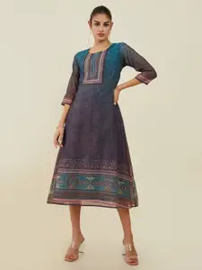 Soch Teal Ethnic Motifs Printed Sequinned A-Line Midi Ethnic Dress