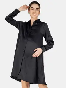 angloindu Black Tie-Up Neck Satin Maternity A-Line Dress