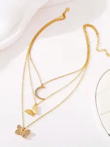 Jewels Galaxy Brass Gold-Plated Butterfly-Moon Layered Necklace