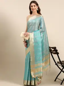 VISHNU WEAVES Woven Design Striped Silk Cotton Maheshwari Saree