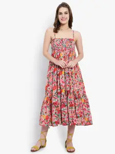 DRIRO Shoulder Strap Floral Printed Smocked Cotton Midi Fit & Flare Dress