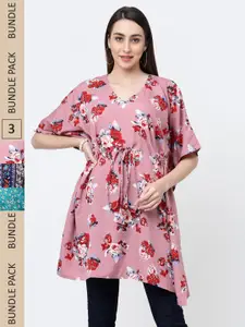 MISS AYSE Pack of 3 Floral Printed Kimono Sleeves Kaftan Longline Top