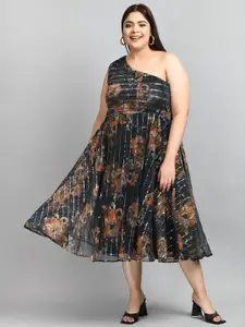 PrettyPlus by Desinoor.com Plus Size One Shoulder Floral Printed A-Line Midi Dress