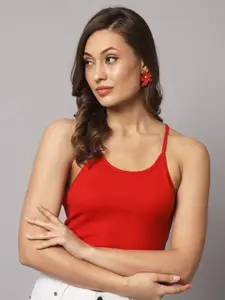 AAHWAN Red Solid Scoop Neck Crop Tank Top