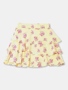 V-Mart Girls Floral Printed Pure Cotton Tiered Knee Length Skirt
