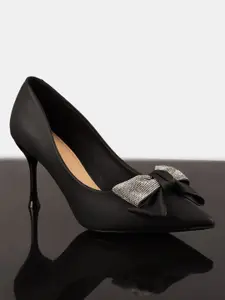 BuckleUp Textured Stiletto Pumps With Bows