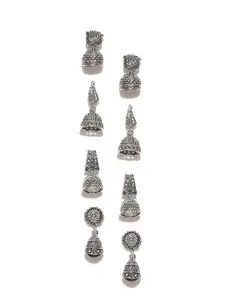 Zaveri Pearls Set of 4 Oxidised Silver-Plated Textured Jhumkas