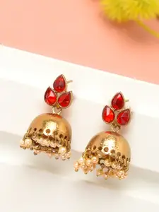 Zaveri Pearls Gold-Toned & Red Dome Shaped Jhumkas