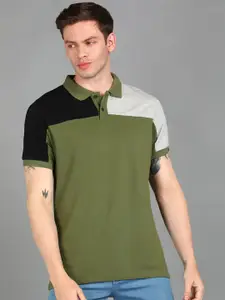Urbano Fashion Men Green Colourblocked Polo Collar Applique Slim Fit T-shirt