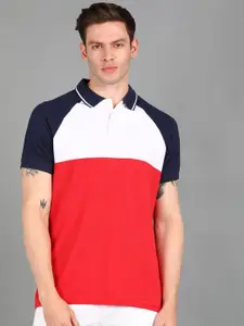 Urbano Fashion Men Red Colourblocked Polo Collar Drop-Shoulder Sleeves Applique Slim Fit T-shirt